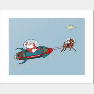 Retro Rocket Santa Clause  and Rudolph Posters and Art